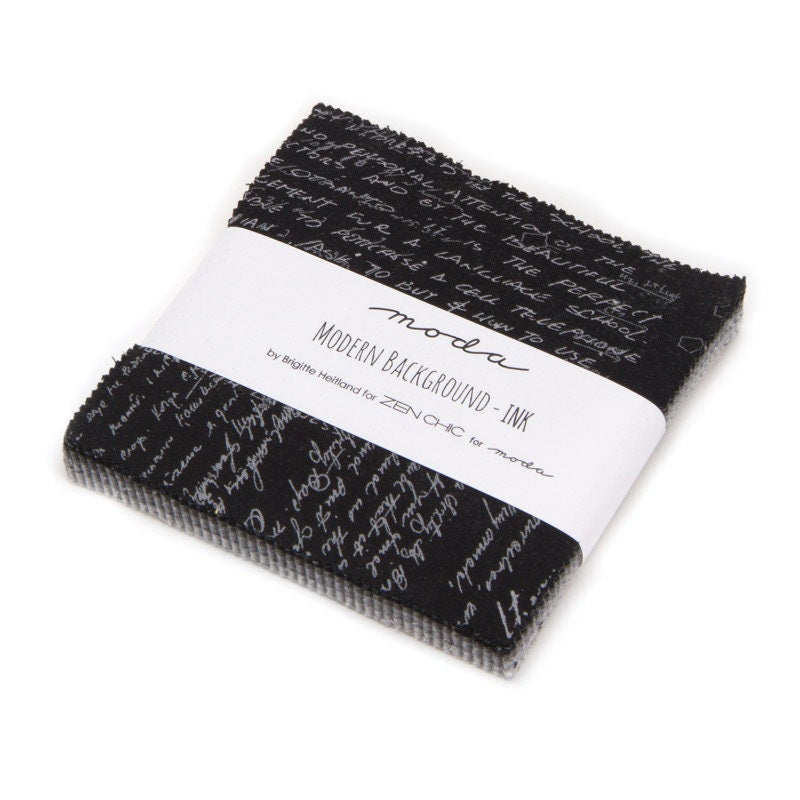 RARE Modern Background Ink Charm Pack OOP, Moda 1581PP, 5" Precut Gray Black Neutral Quilt Background Text Fabric Squares, Zen Chic