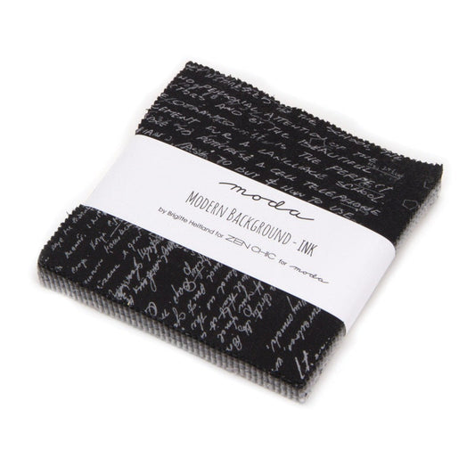 RARE Modern Background Ink Charm Pack OOP, Moda 1581PP, 5" Precut Gray Black Neutral Quilt Background Text Fabric Squares, Zen Chic