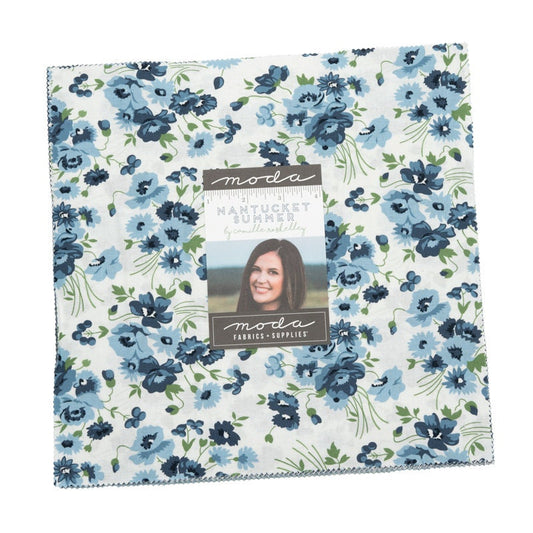 Nantucket Summer Layer Cake, Moda 55260LC, 10" Inch Precut Fabric Quilt Squares, Blue Green Floral Quilt Fabric, Camille Roskelley