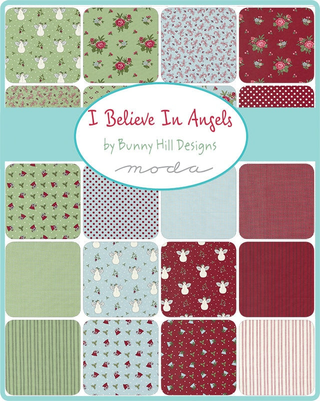 I Believe in Angels Charm Pack, Moda 3000PP, 5" Precut Fabric Squares, Christmas Xmas Snowmen Angels Fabric, Bunny Hill Designs