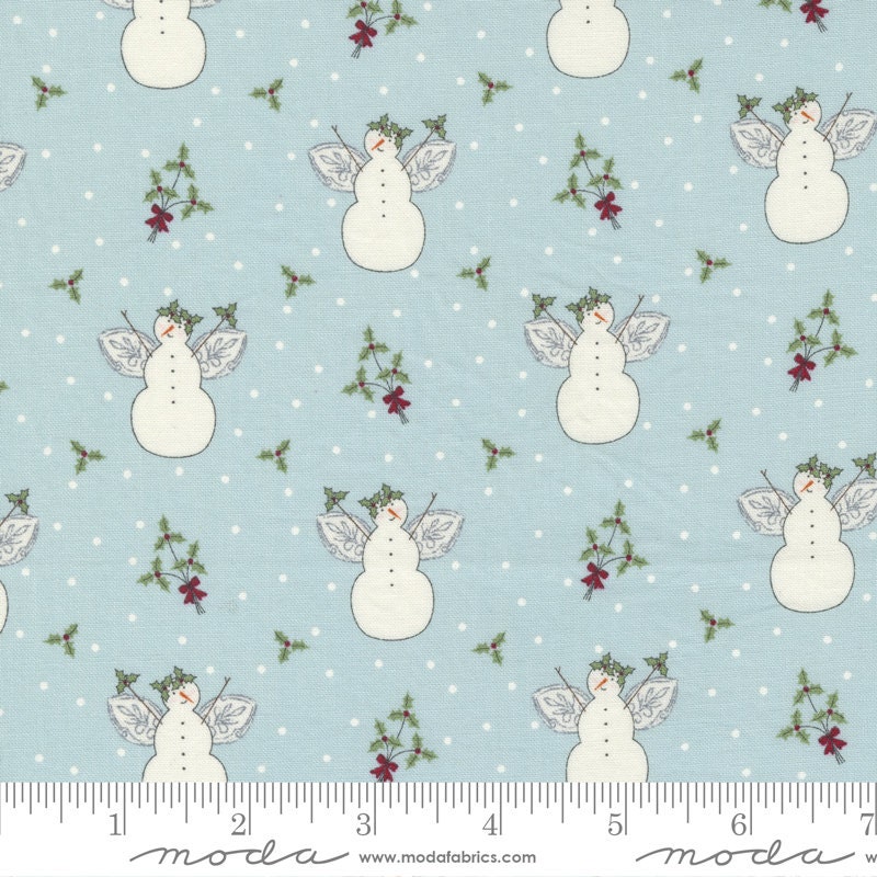 I Believe in Angels - Snowmen Angels on Blue Fabric, Moda 3000 14 Frosty Morning, Christmas Xmas Cotton Quilt Fabric, By the Yard