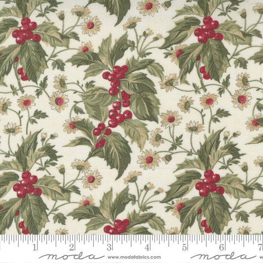 REMNANT 31" of Poinsettia Plaza - Christmas Holly Berry Small Floral Cream Fabric, Moda 44291 11, Cotton Quilt Fabric, 3 Sisters