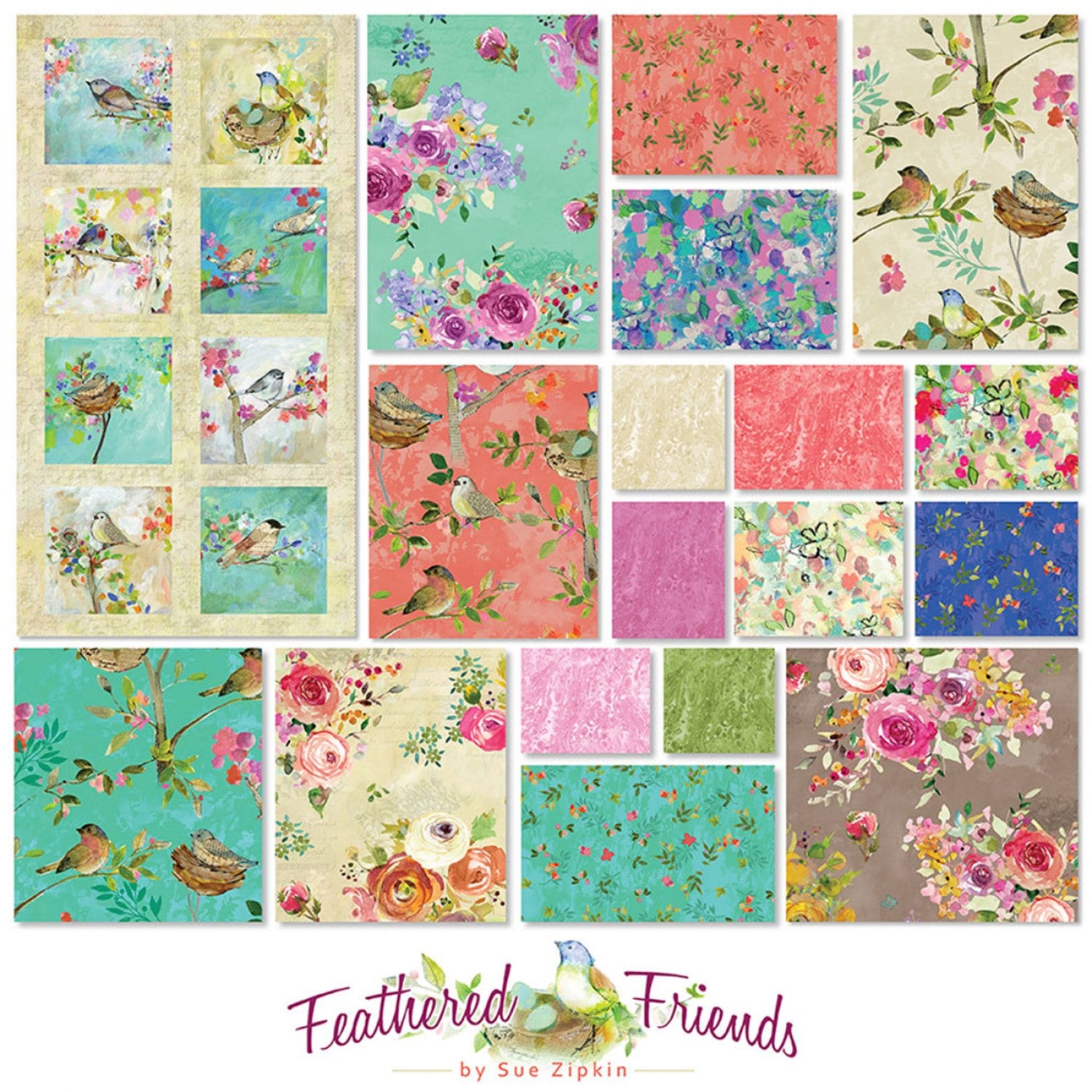 Feathered Friends Charm Pack OOP, Clothworks SQ0368, Multicolored Floral and Birds Charm Pack Fabric, 5" Precut Fabric Squares, Sue Zipkin