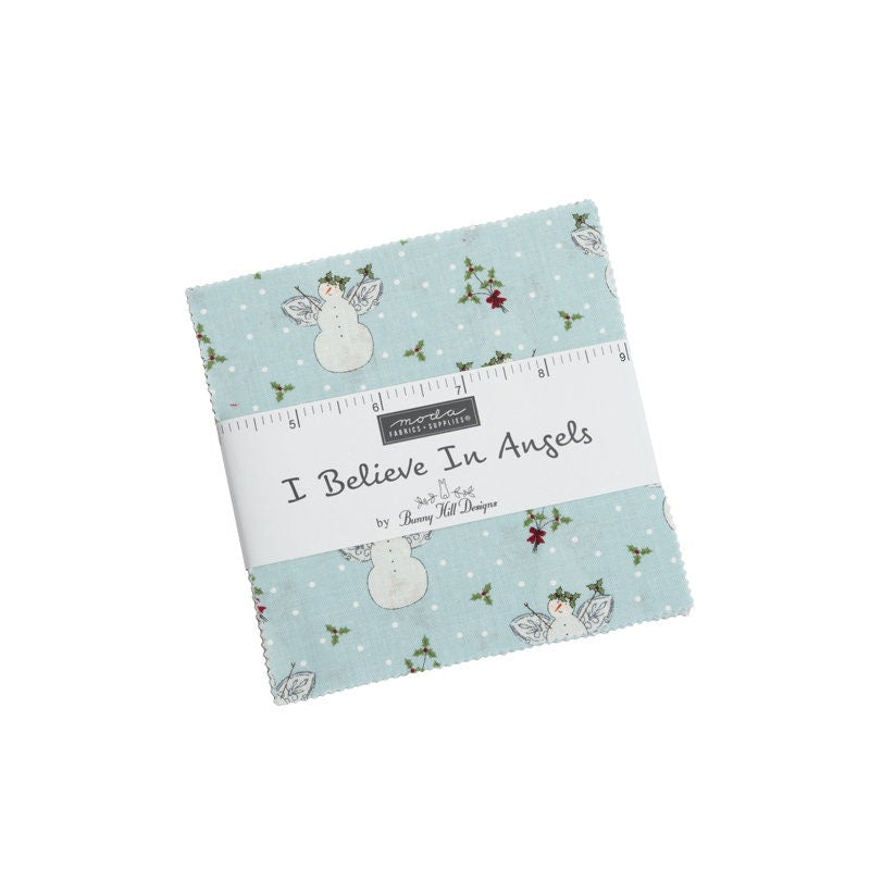 I Believe in Angels Charm Pack, Moda 3000PP, 5" Precut Fabric Squares, Christmas Xmas Snowmen Angels Fabric, Bunny Hill Designs