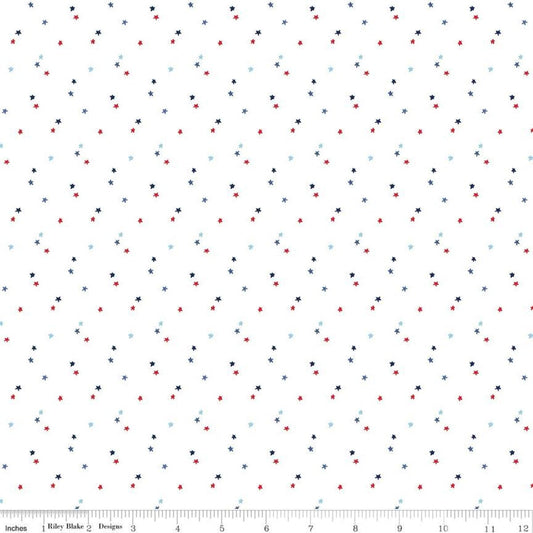 REMNANT 1 Yard 5" of Patriotic Stars Polka Dot Fabric, Riley Blake C657-White, Seasonal Basics Patriotic Blender Background Cotton Fabric