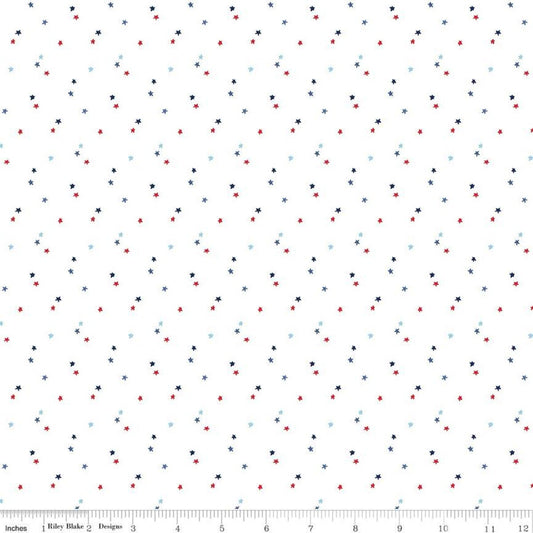 REMNANT 1 Yard 8" of Patriotic Stars Polka Dot Fabric, Riley Blake C657-White, Seasonal Basics Patriotic Blender Background Cotton Fabric