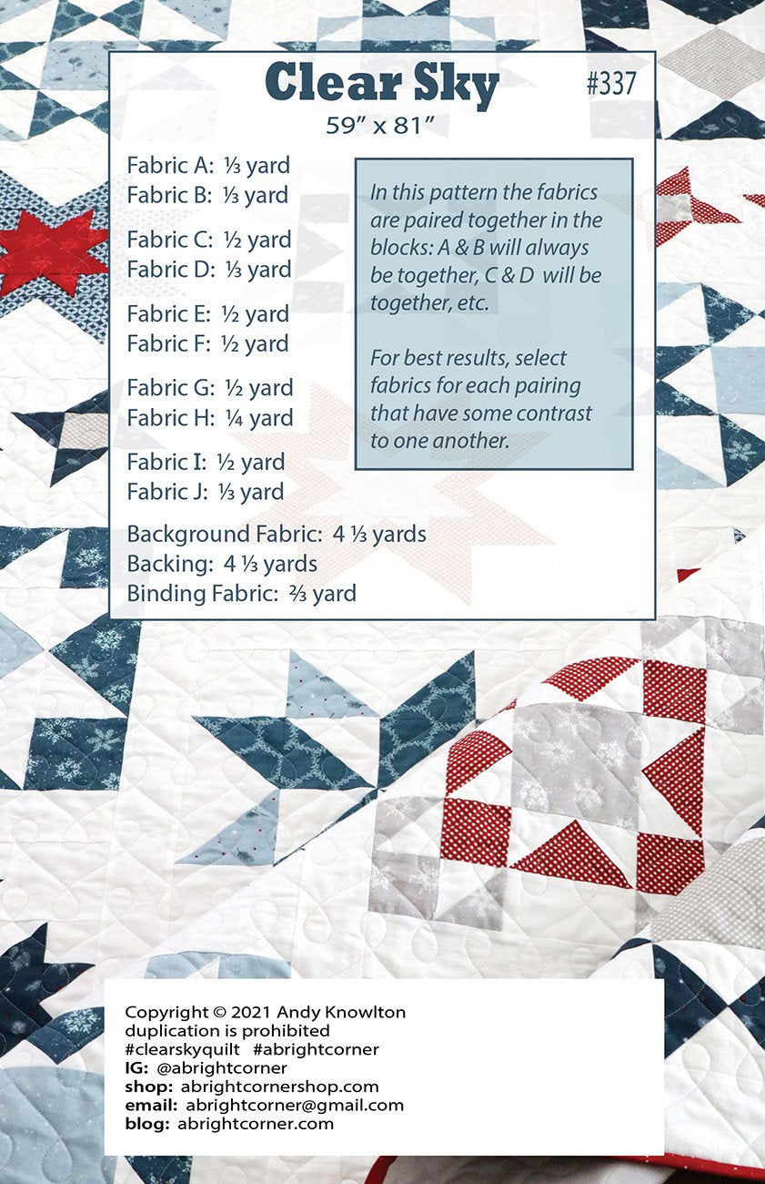 Clear Sky Sampler Quilt Pattern, A Bright Corner AKBC337, Yardage Friendly Stars Sampler Throw Quilt Pattern, Andy Knowlton,