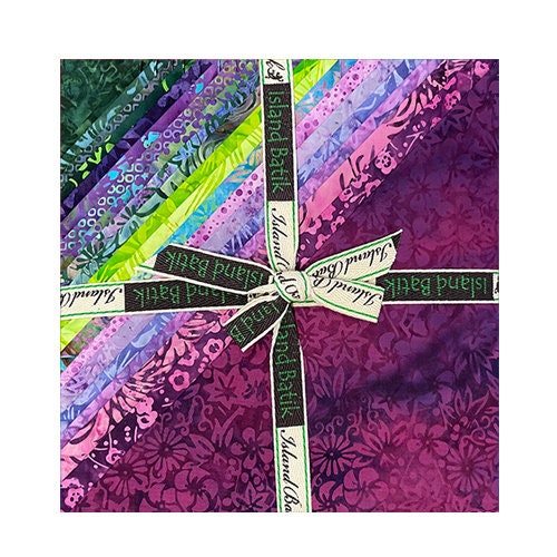 Emperor's Treasures Stack, Island Batik, 10" Precut Purple Green Batik Layer Cake Fabric Squares
