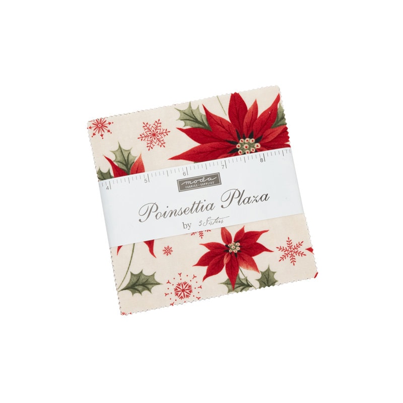 Poinsettia Plaza Charm Pack, Moda 44290PP, Precut 5" Charm Pack Fabric Squares, Paisley Floral Christmas Fabric, Shabby Chic, 3 Sisters