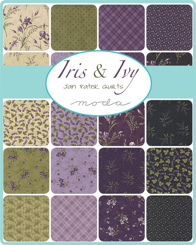 DESTASH Iris and Ivy Charm Pack, Moda 2250PP, 5" Precut Purple Green Tan Floral Cotton Quilt Fabric Squares, Jan Patek