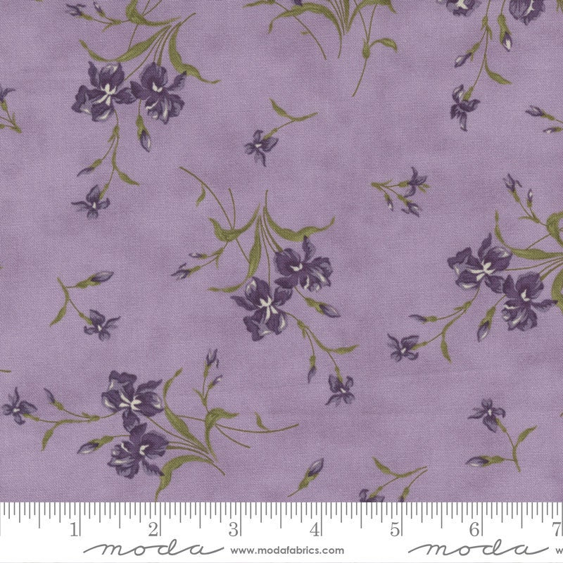 DESTASH Iris and Ivy Charm Pack, Moda 2250PP, 5" Precut Purple Green Tan Floral Cotton Quilt Fabric Squares, Jan Patek