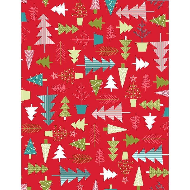 REMNANT 33" of Cup of Cheer - Multicolored Christmas Trees Red Fabric, Maywood Studio MAS10204-R, Kimberbell Christmas Xmas Fabric