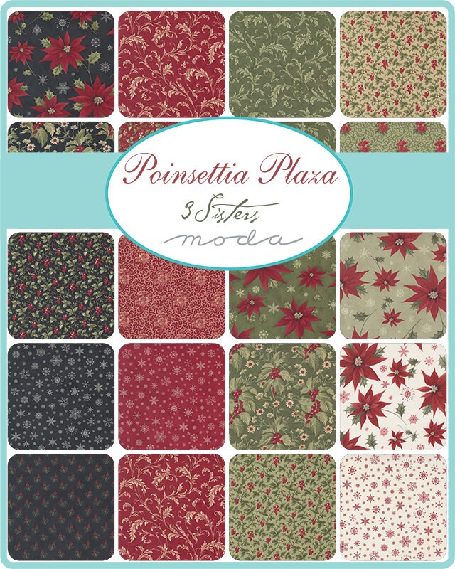 Poinsettia Plaza Charm Pack, Moda 44290PP, Precut 5" Charm Pack Fabric Squares, Paisley Floral Christmas Fabric, Shabby Chic, 3 Sisters