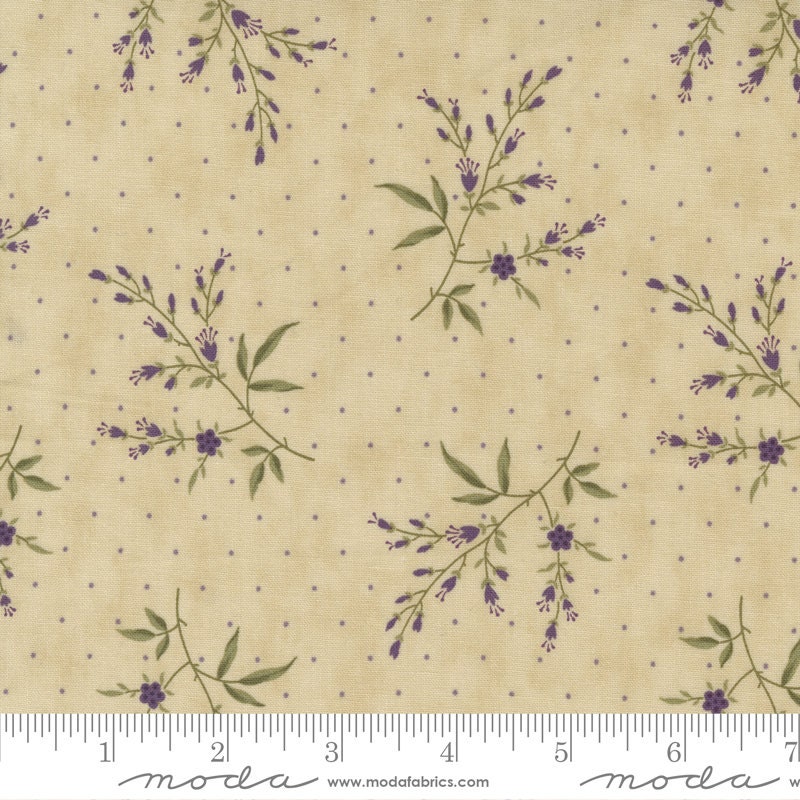 DESTASH Iris and Ivy Charm Pack, Moda 2250PP, 5" Precut Purple Green Tan Floral Cotton Quilt Fabric Squares, Jan Patek