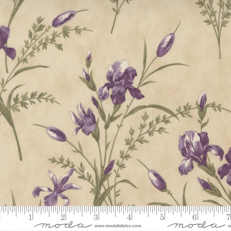 DESTASH Iris and Ivy Charm Pack, Moda 2250PP, 5" Precut Purple Green Tan Floral Cotton Quilt Fabric Squares, Jan Patek