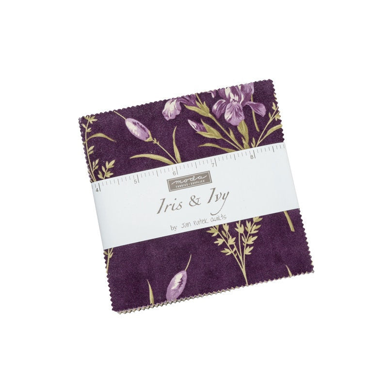 DESTASH Iris and Ivy Charm Pack, Moda 2250PP, 5" Precut Purple Green Tan Floral Cotton Quilt Fabric Squares, Jan Patek