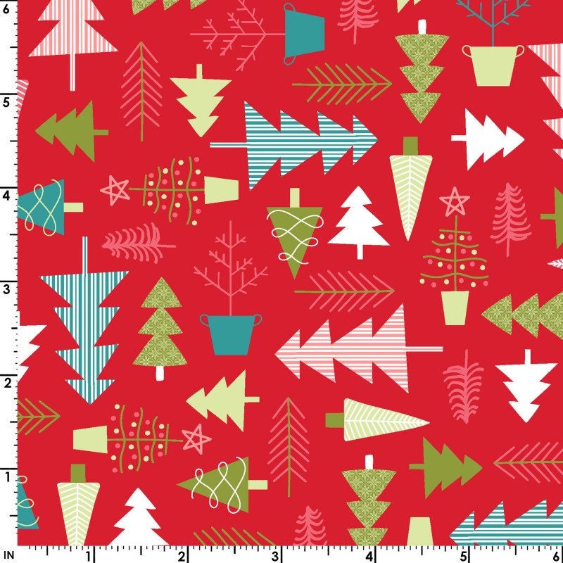 REMNANT 33" of Cup of Cheer - Multicolored Christmas Trees Red Fabric, Maywood Studio MAS10204-R, Kimberbell Christmas Xmas Fabric