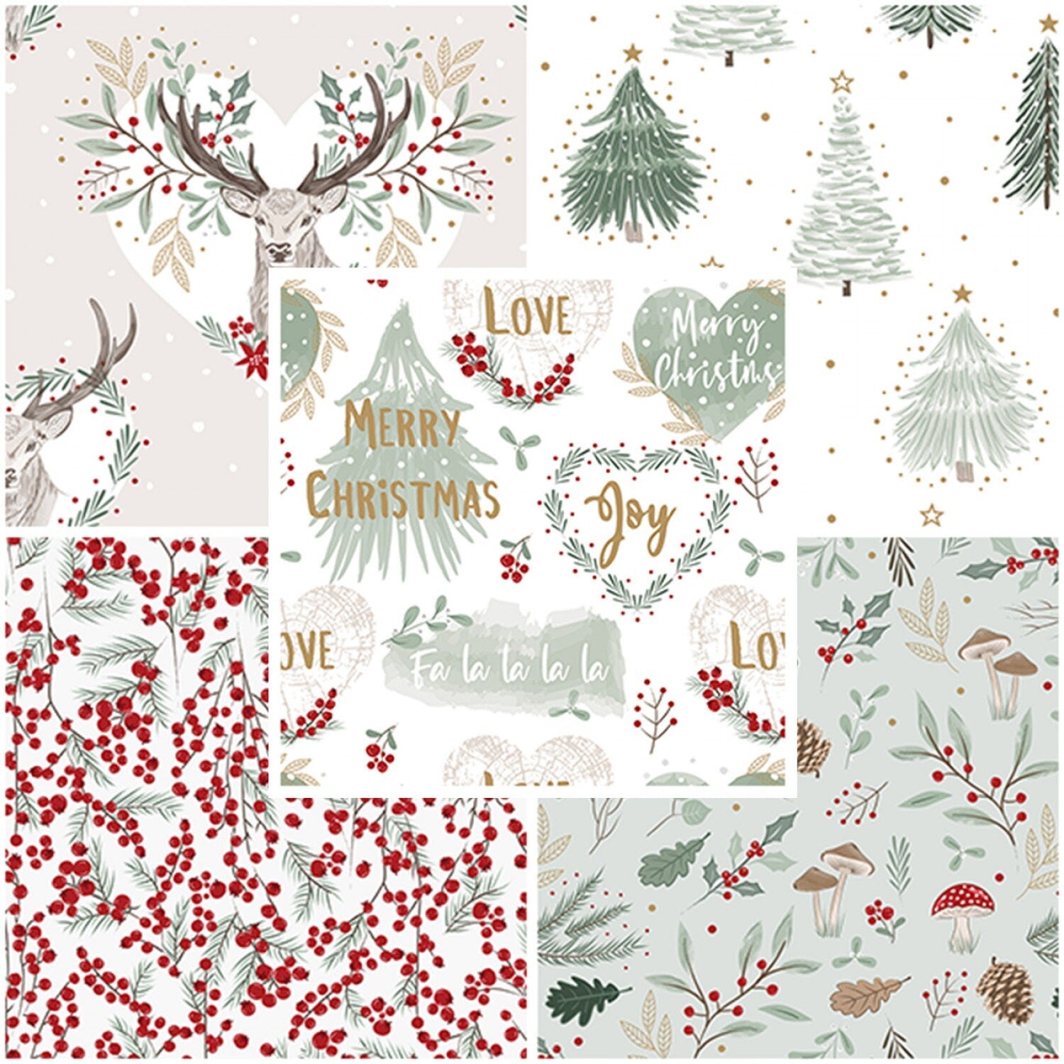 Foraging in the Forest, The Craft Cotton Company 2898C-01, 5 Piece Christmas Xmas Fat Quarter FQ Bundle, 18 x 22 Fabric Cuts