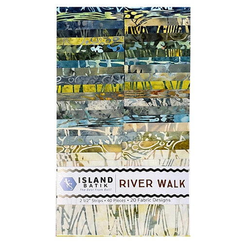 River Walk Strip Pack, Island Batik, 2.5" Precut Muted Blue Green Gray Batik Jelly Roll Fabric Strips