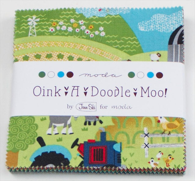 Oink A Doodle Moo 5" Charm Pack OOP, Moda 30520PP, Precut 5" Farm Animals Barnyard Juvenile Primary Colors Fabric, Jenn Ski