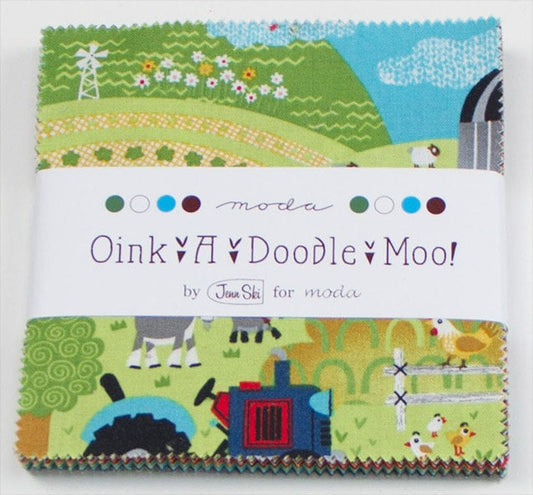 Oink A Doodle Moo 5" Charm Pack OOP, Moda 30520PP, Precut 5" Farm Animals Barnyard Juvenile Primary Colors Fabric, Jenn Ski