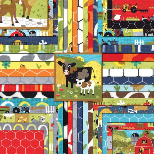 Oink A Doodle Moo 5" Charm Pack OOP, Moda 30520PP, Precut 5" Farm Animals Barnyard Juvenile Primary Colors Fabric, Jenn Ski