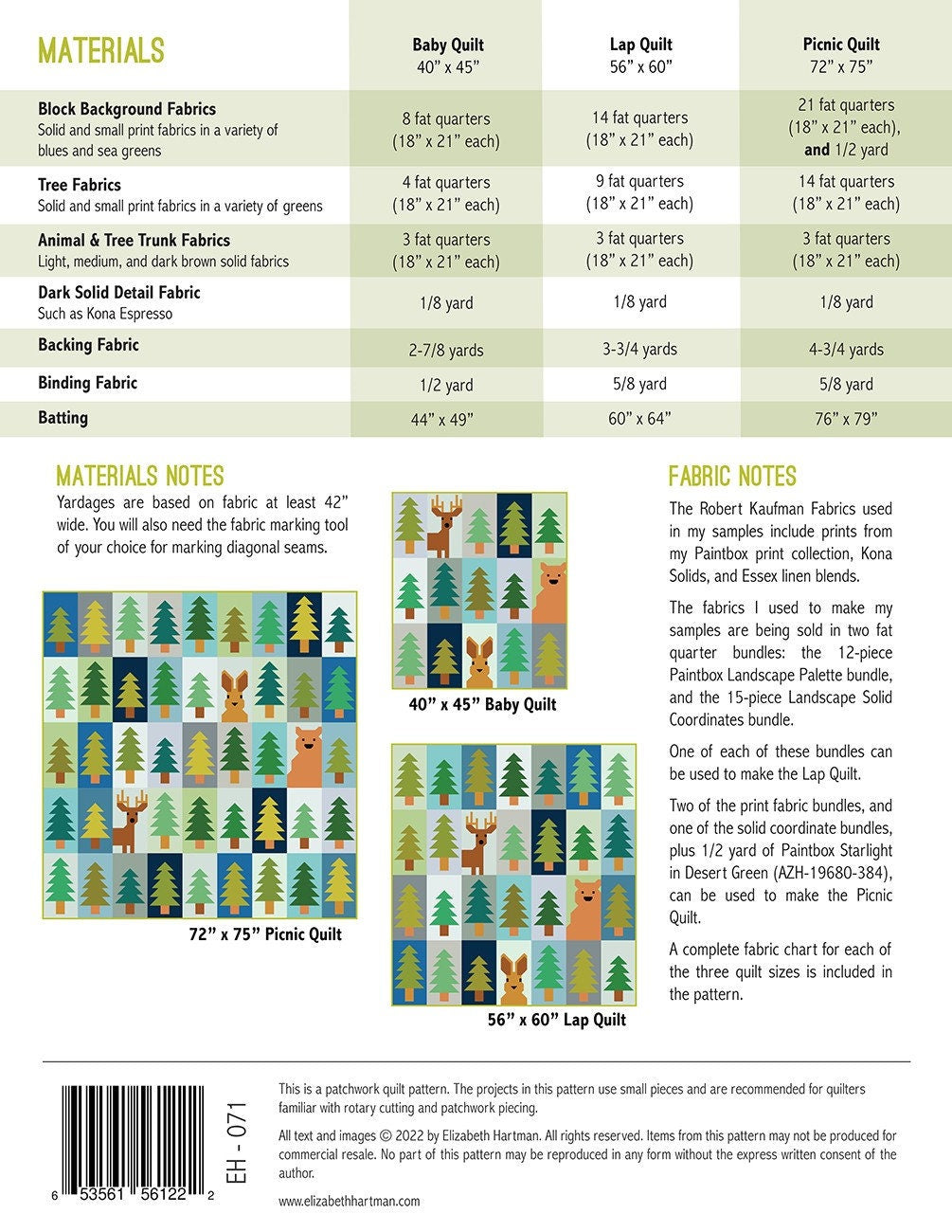 Lookout Quilt Pattern, Elizabeth Hartman EH071, Fat Quarter FQ Friendly, Forest Trees Animals Baby Lap Throw Quilt Pattern