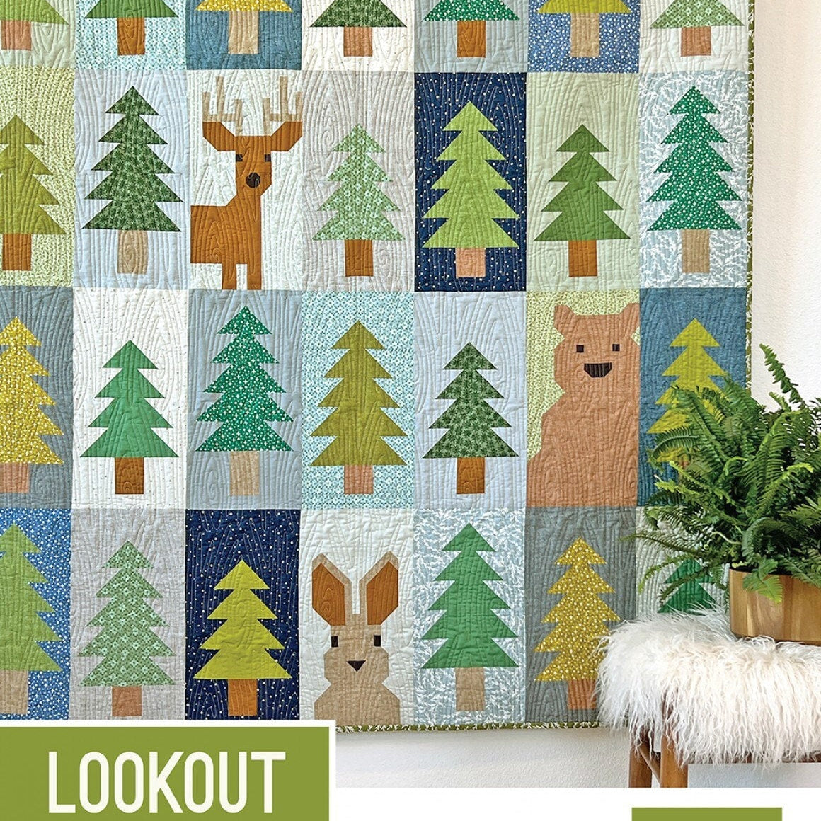 Lookout Quilt Pattern, Elizabeth Hartman EH071, Fat Quarter FQ Friendly, Forest Trees Animals Baby Lap Throw Quilt Pattern