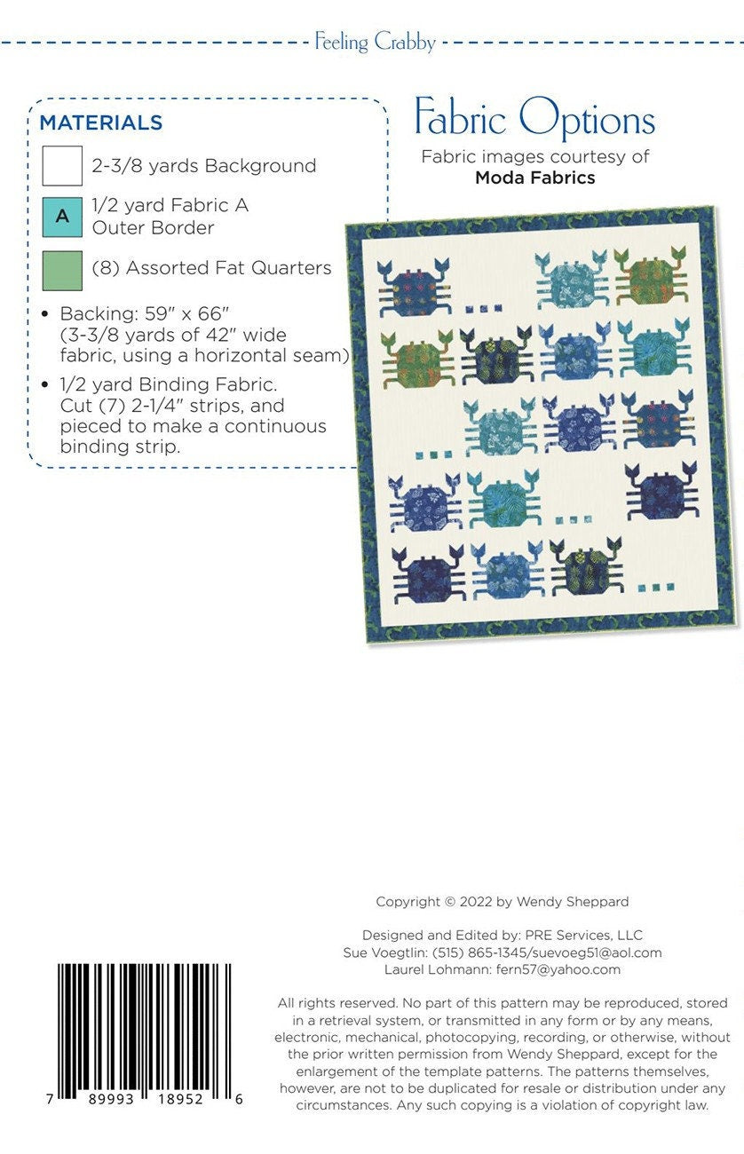 Feeling Crabby Quilt Pattern, Wendy Sheppard WS52, Fat Quarter FQ Friendly Crabs Lap Baby Quilt Pattern, Gender Neutral Quilt