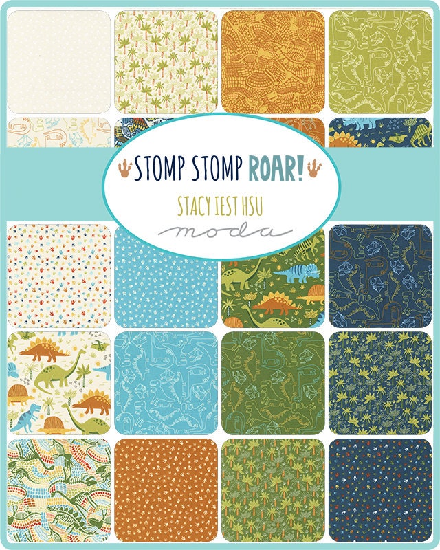RARE Stomp Stomp Roar 5" Charm Pack OOP, Moda 20820PP, 5" Precut Dinosaur Baby Kids Toddler Quilt Fabric Squares, Stacy Iest Hsu