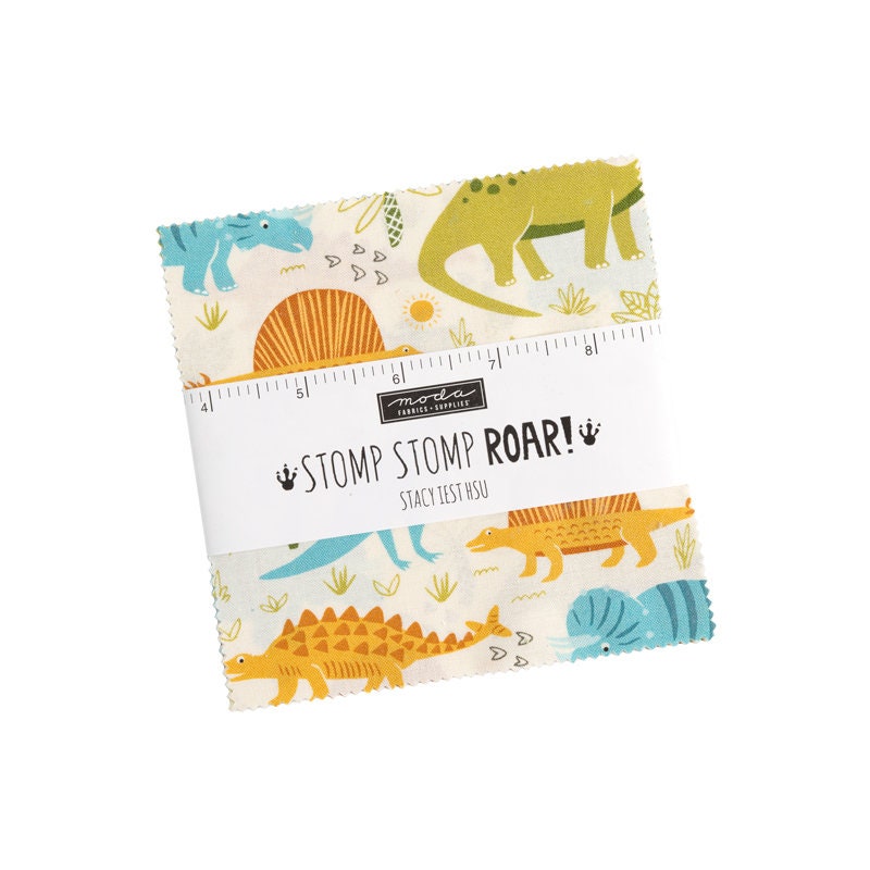 RARE Stomp Stomp Roar 5" Charm Pack OOP, Moda 20820PP, 5" Precut Dinosaur Baby Kids Toddler Quilt Fabric Squares, Stacy Iest Hsu