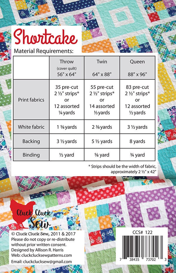 Shortcake Quilt Pattern, Cluck Cluck Sew CCS122, Jelly Roll Friendly, Easy Beginner Crib Throw Twin Queen Bed Quilt