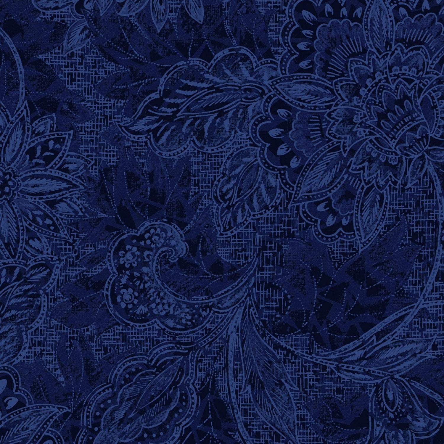 Shadows - 2 Yard Cut of 118" Navy Blue Jacquard Wide Quilt Back Fabric, Oasis Fabrics 1830806, Blue Floral Wide Quilt Backing Fabric