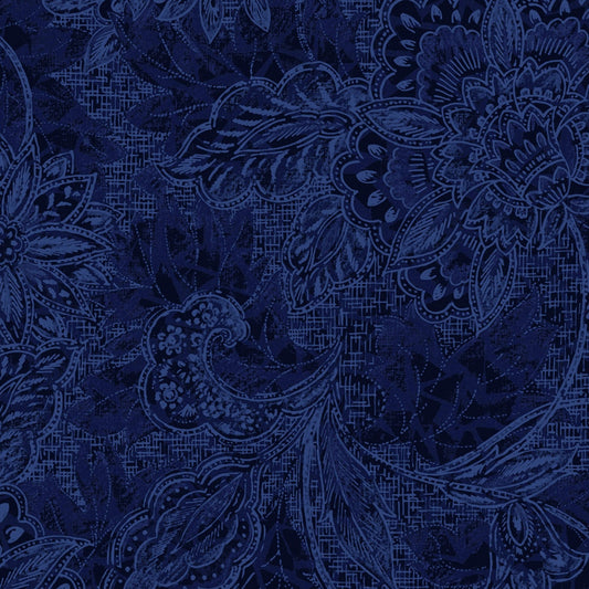 Shadows - 2 Yard Cut of 118" Navy Blue Jacquard Wide Quilt Back Fabric, Oasis Fabrics 1830806, Blue Floral Wide Quilt Backing Fabric