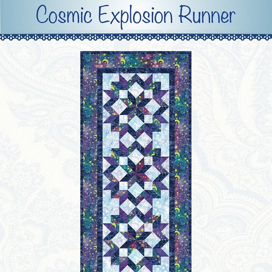 Cosmic Explosion Runner Quilt Pattern, Bound to Be Quilting BTBQ329, Yardage Friendly Carpenter's Star Table Runner Topper Pattern
