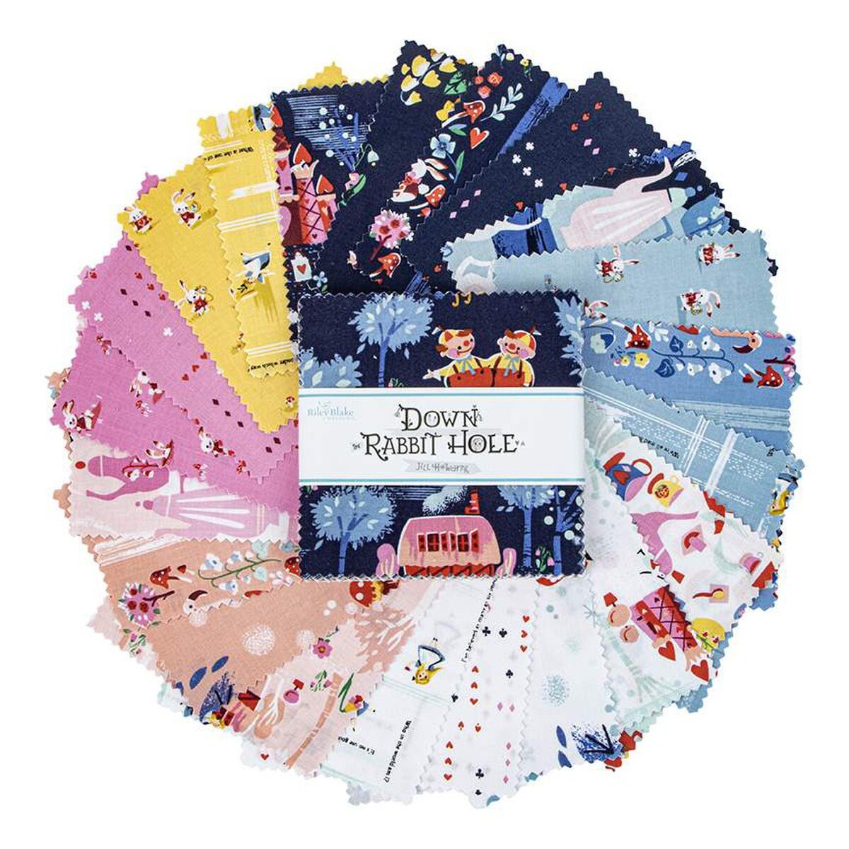 Down the Rabbit Hole 5" Stacker, Riley Blake 5-12940-42, 5" Precut Alice in Wonderland Fairy Tale Charm Pack Fabric Squares, Jill Howarth