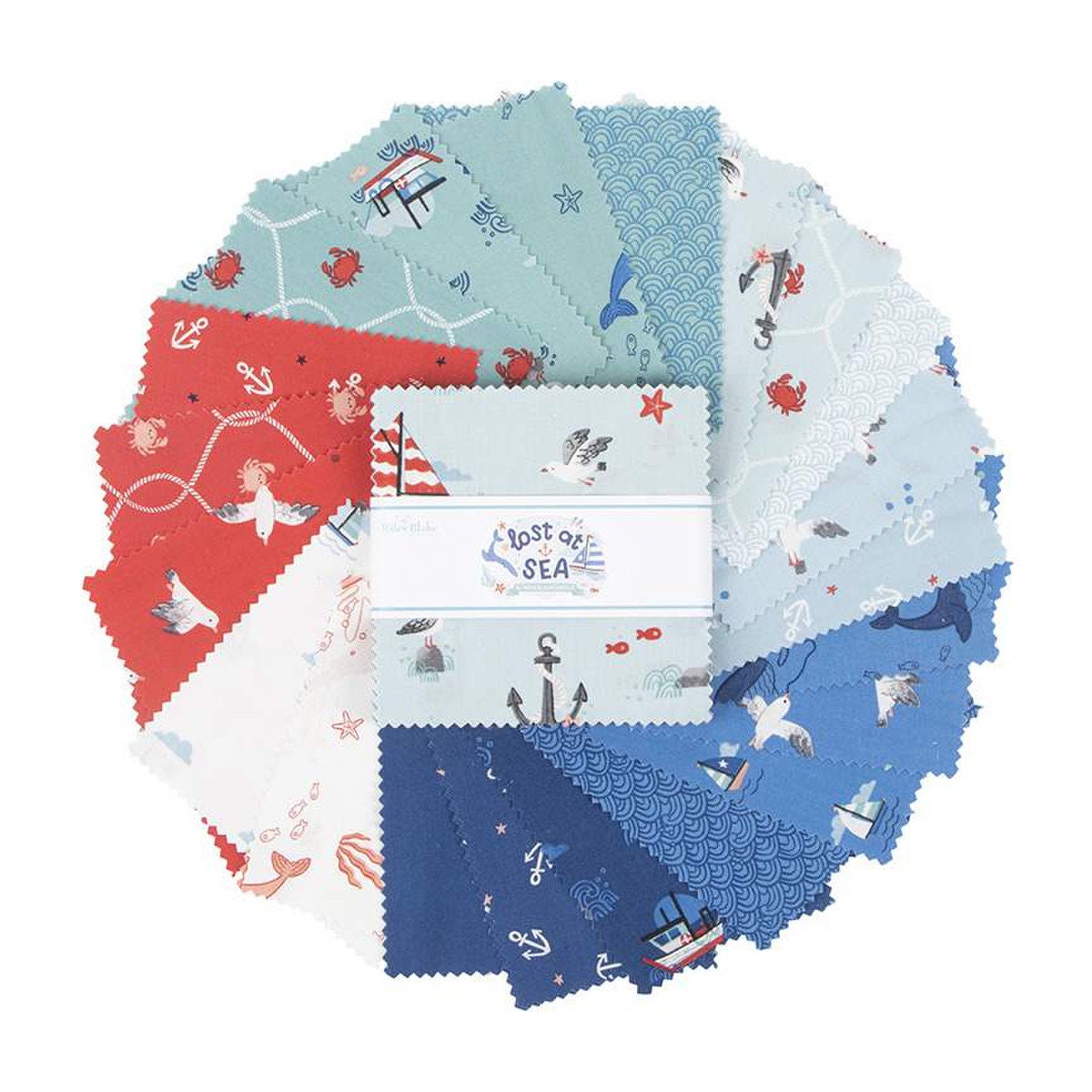 Lost at Sea 5" Stacker OOP, Riley Blake 5-13400-42, 5" Precut Red Blue Boats Whales Nautical Ocean Charm Pack Fabric Squares
