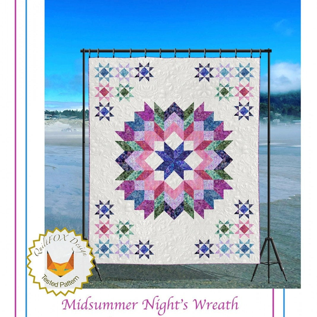 Midsummer Night's Wreath Quilt Pattern, QuiltFox QFOX225, Yardage Friendly Carpenters Star Variation Oversized Throw Twin Quilt Pattern