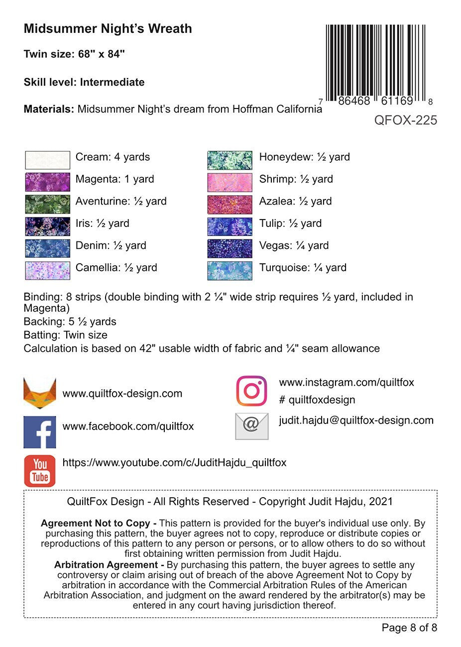 Midsummer Night's Wreath Quilt Pattern, QuiltFox QFOX225, Yardage Friendly Carpenters Star Variation Oversized Throw Twin Quilt Pattern