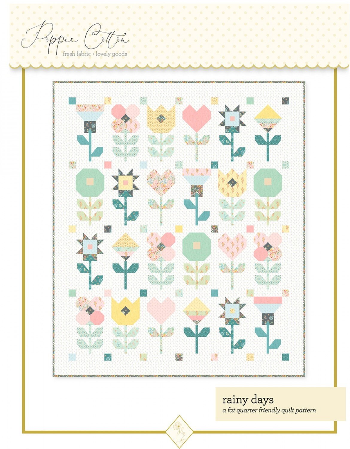 Rainy Days Quilt Pattern, Poppie Cotton HLP23103, Fat Quarter FQ Friendly Hearts Tulips Flowers Pieced Throw Quilt Pattern