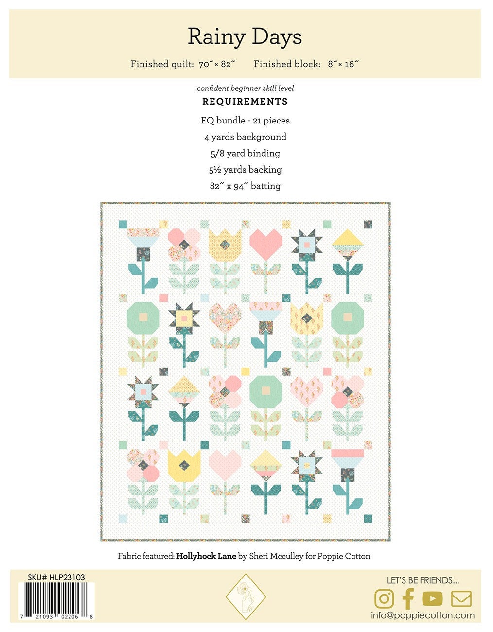 Rainy Days Quilt Pattern, Poppie Cotton HLP23103, Fat Quarter FQ Friendly Hearts Tulips Flowers Pieced Throw Quilt Pattern