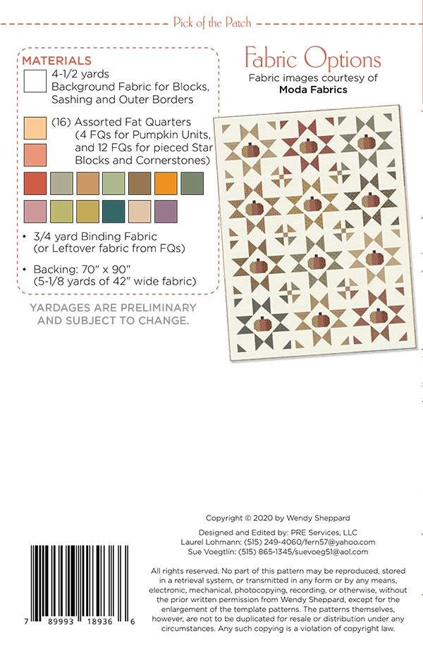 Pick of the Patch Quilt Pattern, Wendy Sheppard WS37, Halloween Thanksgiving Pumpkins Quilt Pattern, Fat Quarter FQ Friendly Pattern