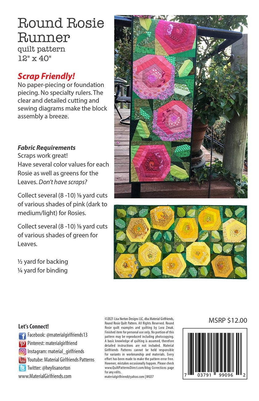 Round Rosie Runner Quilt Pattern, Material Girlfriends MG57, Eighth Yard Scrap Friendly Improv Round Log Cabin Rose Table Runner Pattern