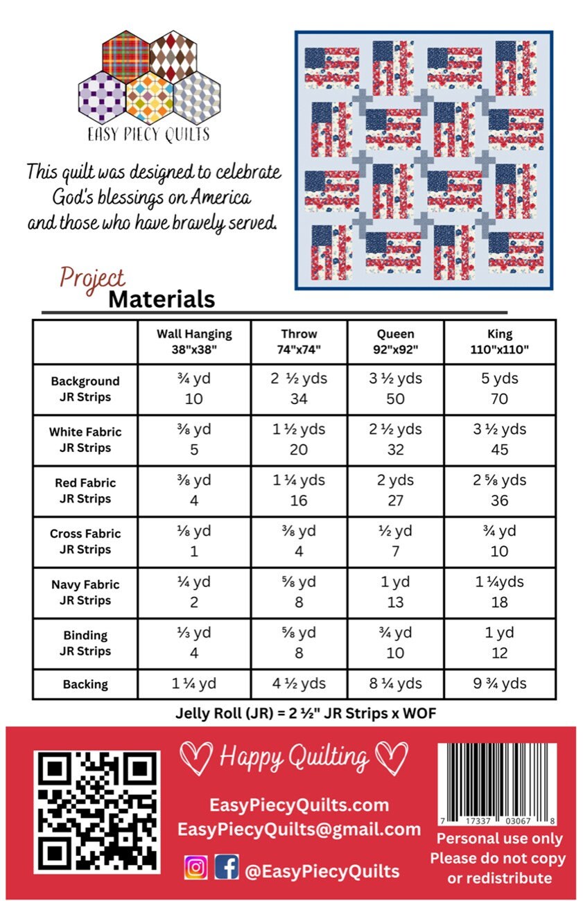 God and Country Quilt Pattern, Easy Piecy Quilts EPQ30678, Jelly Roll Friendly, American Flag Cross Patriotic Throw Wall Bed Quilt Pattern