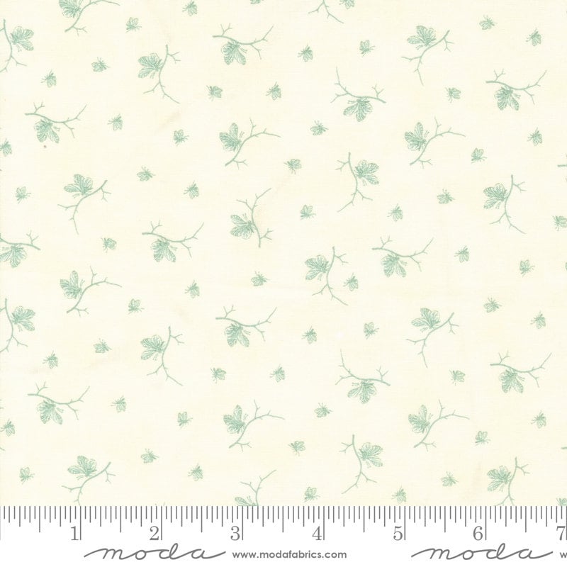 REMNANT 30" of Etchings - Small Green Leaf on Twig Cream Low Volume Fabric, Moda 44338 21 Aqua Parchment, 3 Sisters Howard Marcus