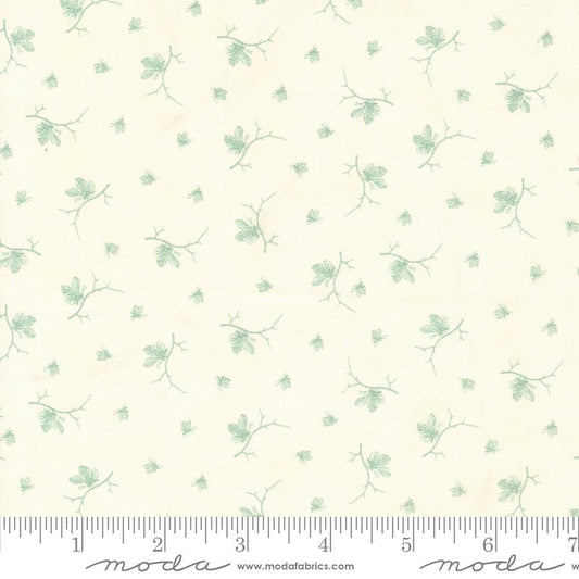 REMNANT 30" of Etchings - Small Green Leaf on Twig Cream Low Volume Fabric, Moda 44338 21 Aqua Parchment, 3 Sisters Howard Marcus