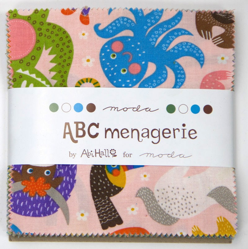 RARE ABC Menagerie Charm Pack OOP, Moda 39520PP, 5" Precut Juvenile Childrens Animal Alphabet Fabric Squares, Abi Hall