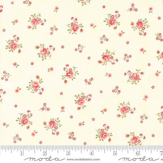 REMNANT 35" of Etchings - Peaceful Posies Small Ditsy Red Roses on Cream Fabric, Moda 44336 11 Parchment, 3 Sisters Howard Marcus
