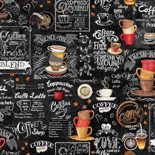 REMNANT 27" of Just Brew It - Coffee Chalkboard Themed Fabric, Timeless Treasures COFFEE-CD2557 BLACK, Novelty Cotton Quilt Fabric