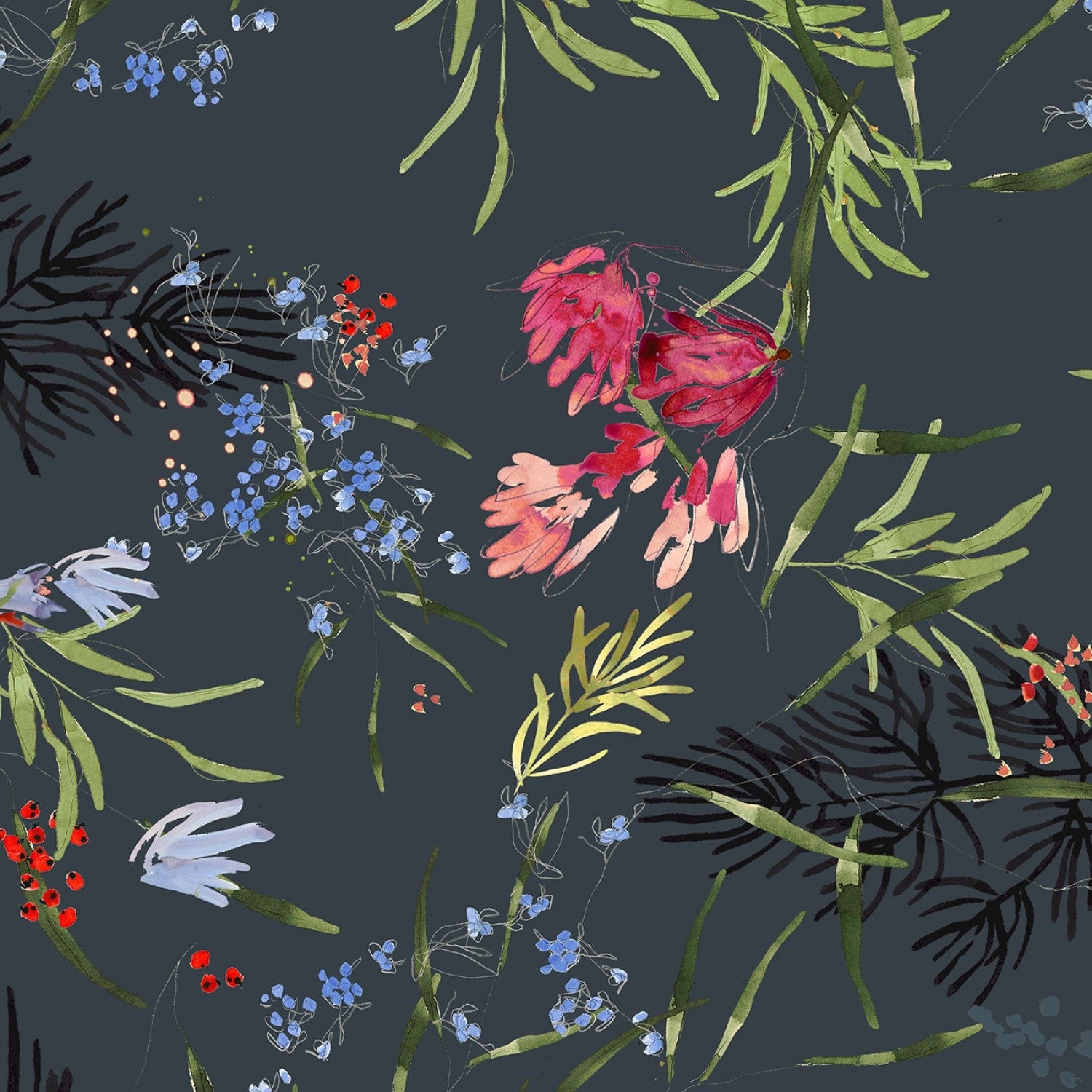 LAST CALL 2-Yard Cut of 108" Meadow Floral on Slate Wide Quilt Back Fabric, Windham Fabric 53585DW-1DES, Charcoal Floral Quilt Backing